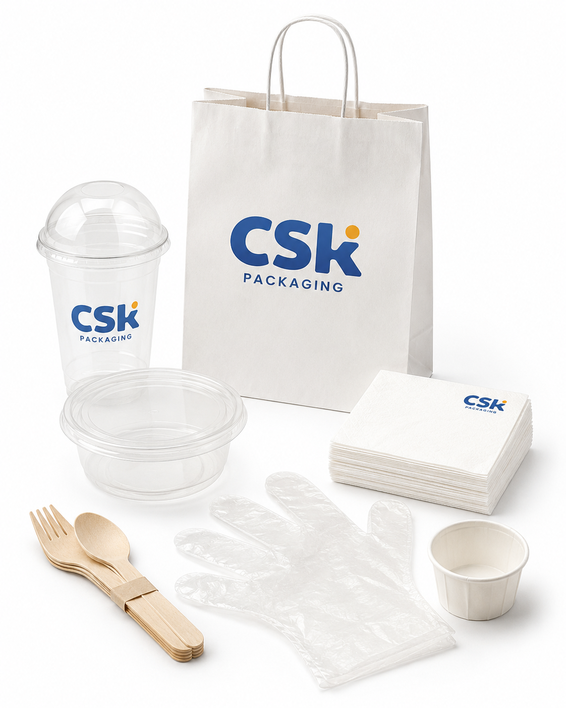 CSK Packaging product range — containers, bags, cups, cutlery, gloves and more